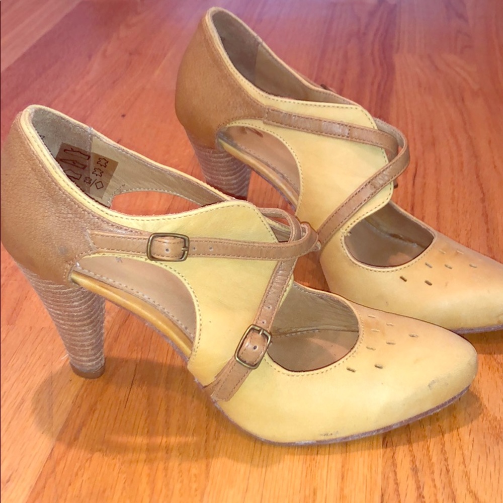 from Anthro. J.Shoes butter yellow+tan heels.